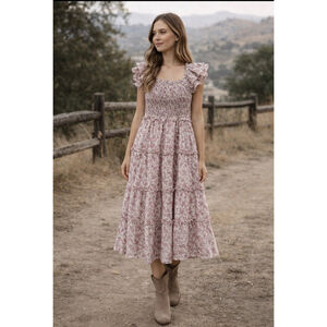 Women's LOVELO Mauve Floral Smocked Tiered Midi Dress L